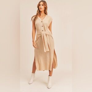 Mable Camel‎ Chunky Knit Ribbed Tie Front Midi Sweater Dress Preppy Effortless